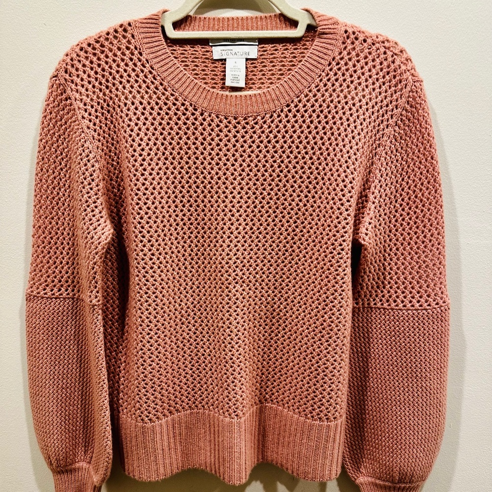 NORDSTROM NWOT 100% CASHMERE LOOSE KNIT SWEATER W/ PUFF SLEEVES IN DUSTY PINK